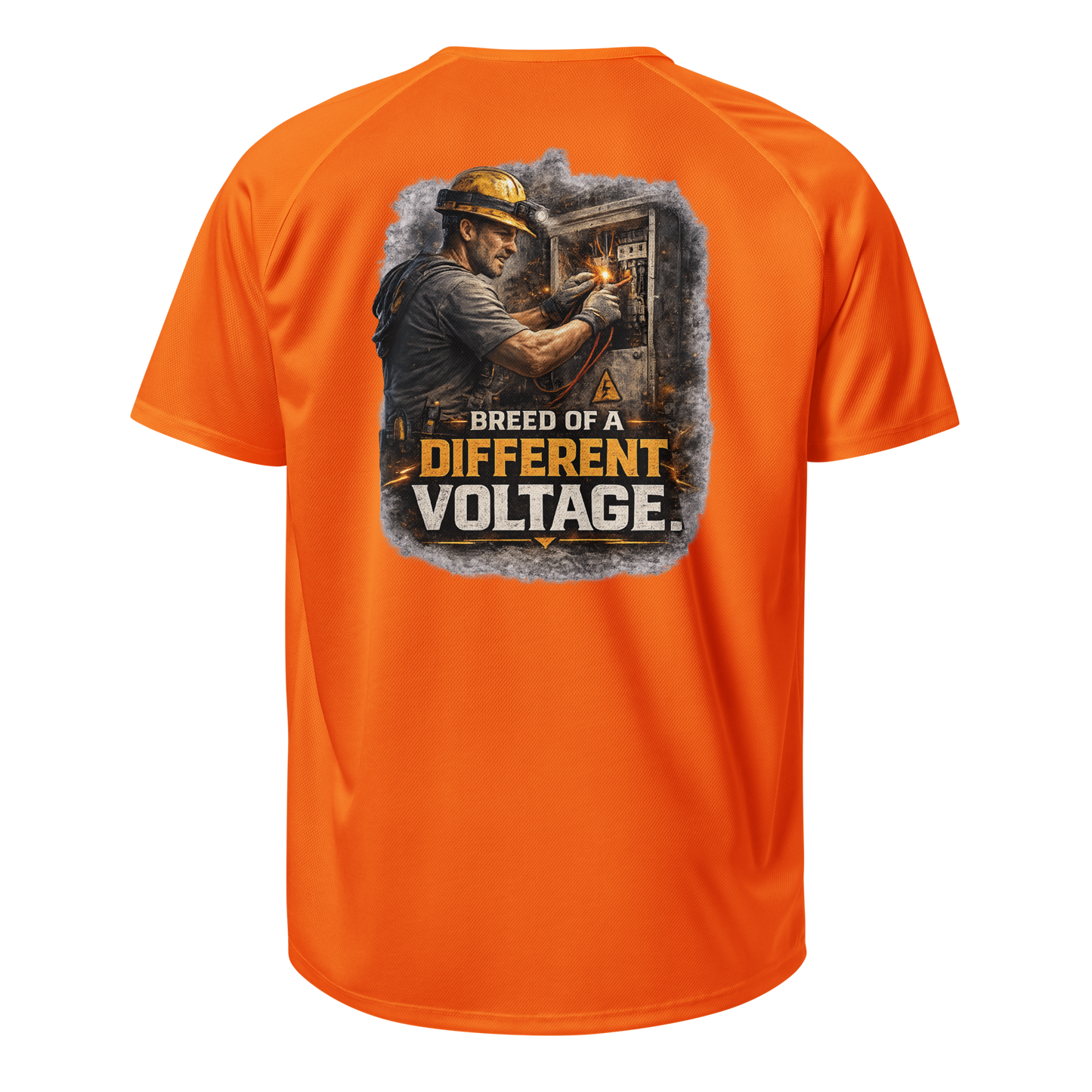 Neon Orange: "Iron & Logic Breed of a Different Voltage neon orange high-vis performance work shirt for electricians, BAS technicians, and controls professionals — back view"