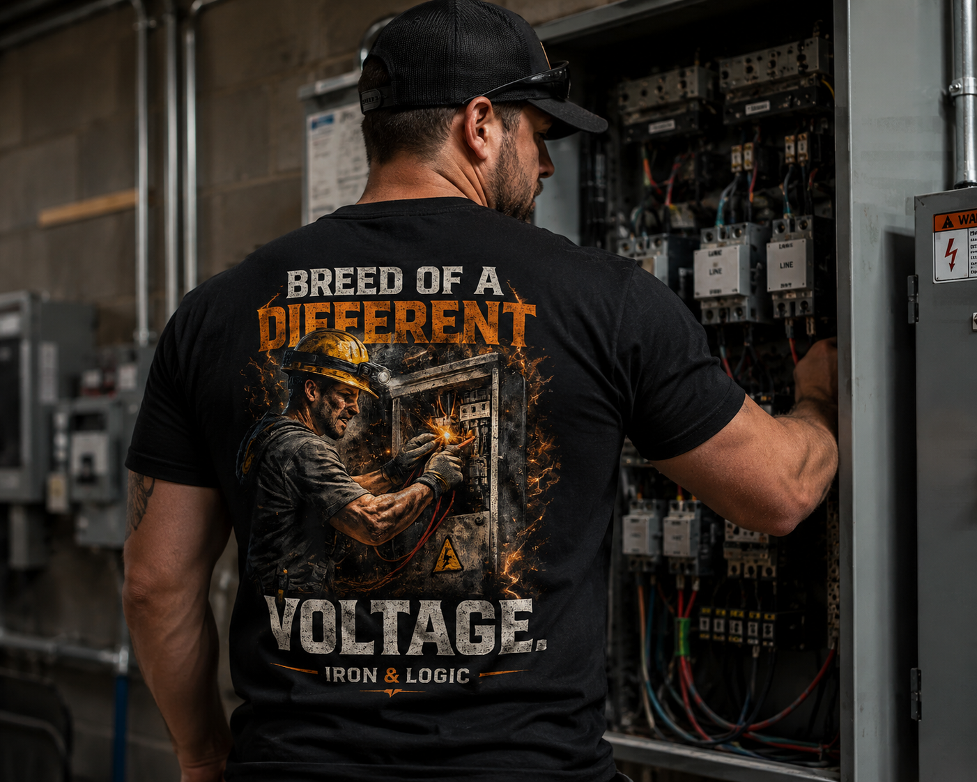 Person wearing a black t-shirt with a graphic design and text in an industrial setting
