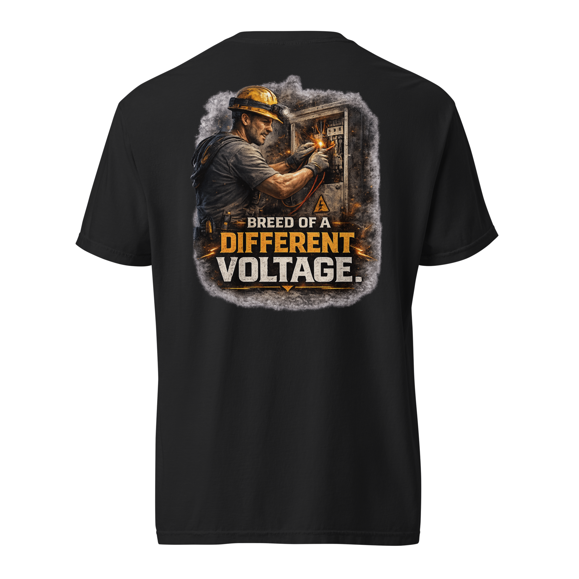 Professional electrician shirt featuring a skilled electrician working on electrical equipment with the phrase Breed of a Different Voltage.
