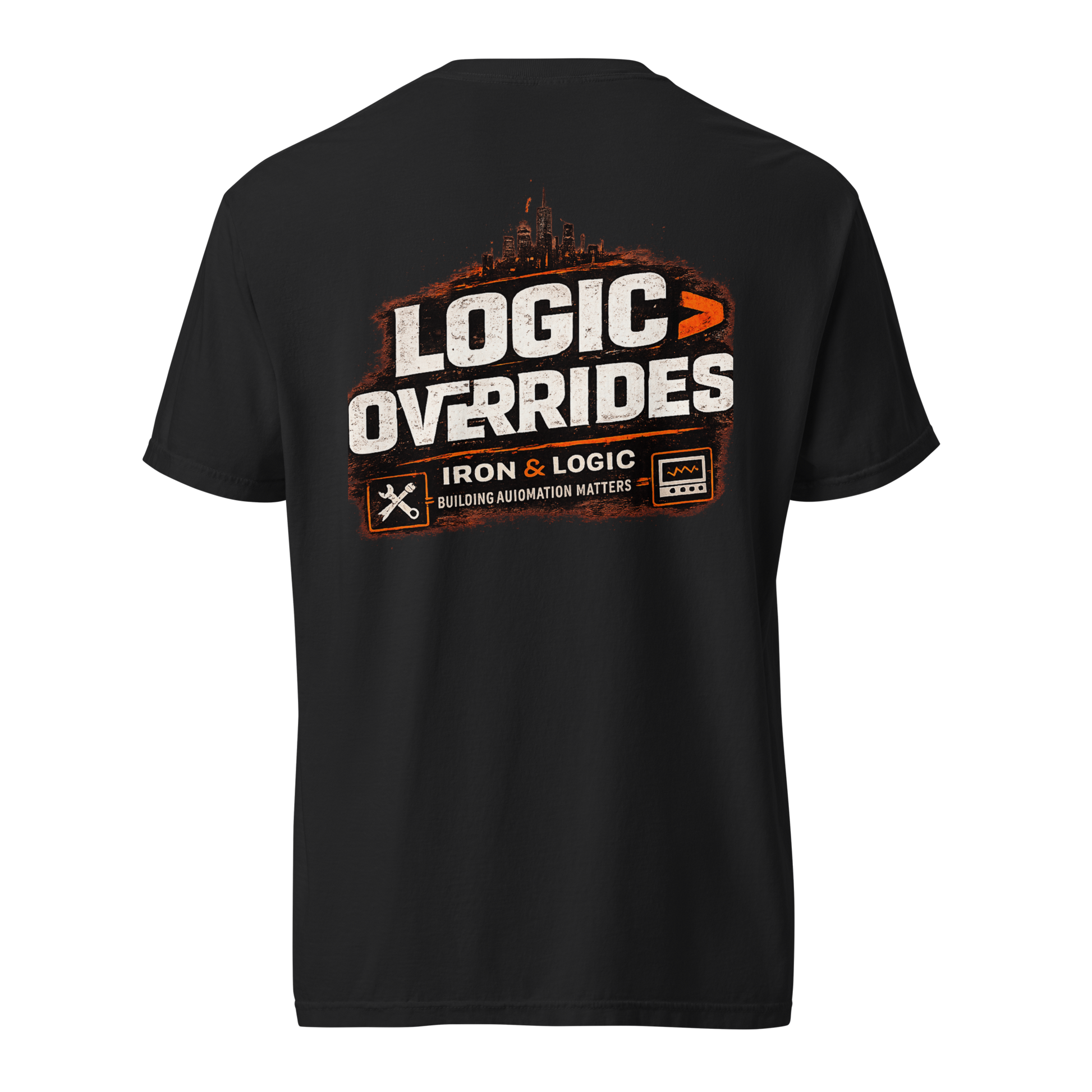 Building automation technician wearing the Iron & Logic Logic > Overrides shirt while troubleshooting a BAS controls panel in a commercial mechanical room, featuring HVAC controls, trend analysis, and building automation systems.