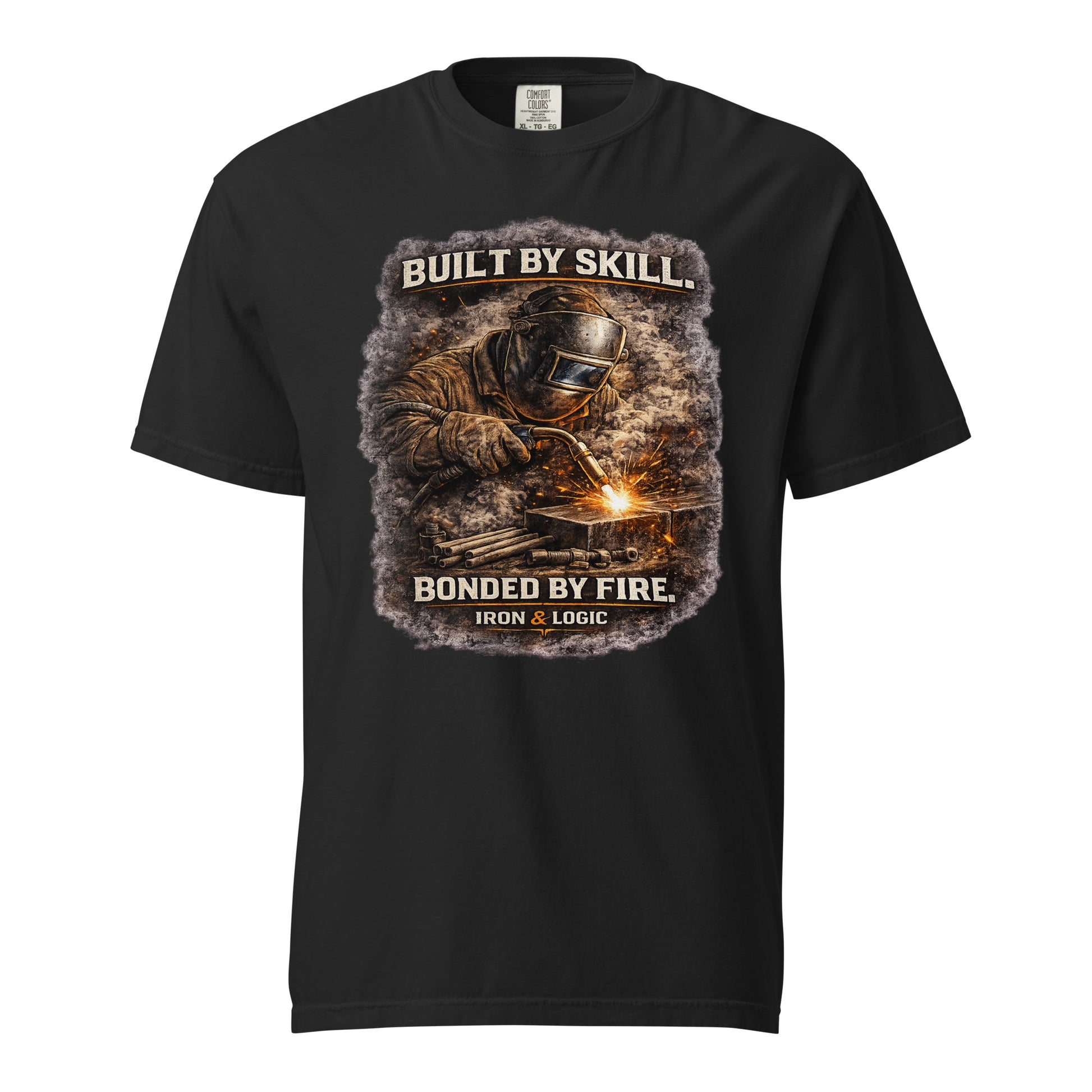Iron & Logic Built By Skill Bonded By Fire heavyweight welder shirt featuring a skilled welder graphic designed for welders, fabricators, pipefitters, boilermakers, and metalworkers.