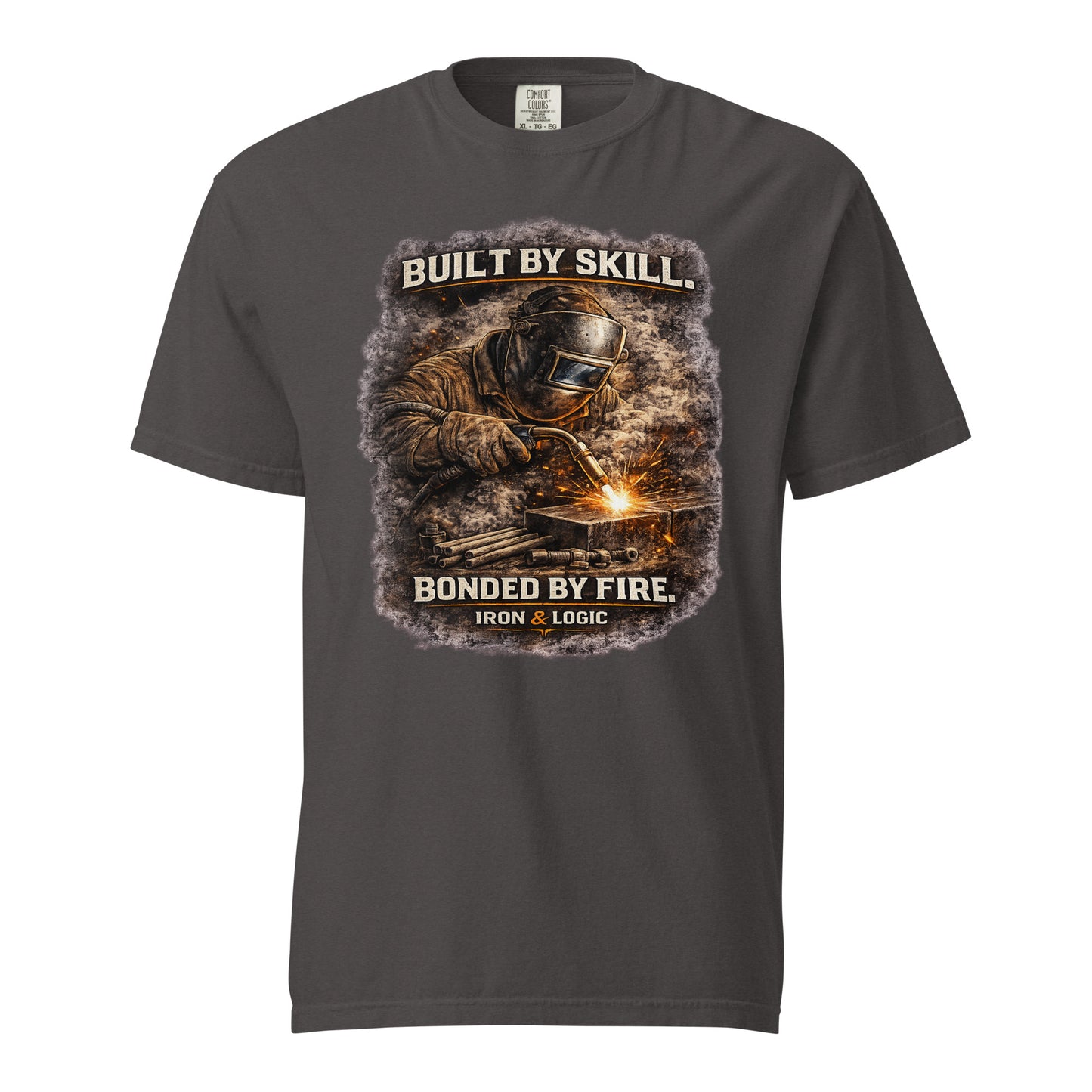 Iron & Logic Built By Skill Bonded By Fire heavyweight welder shirt featuring a skilled welder graphic designed for welders, fabricators, pipefitters, boilermakers, and metalworkers.