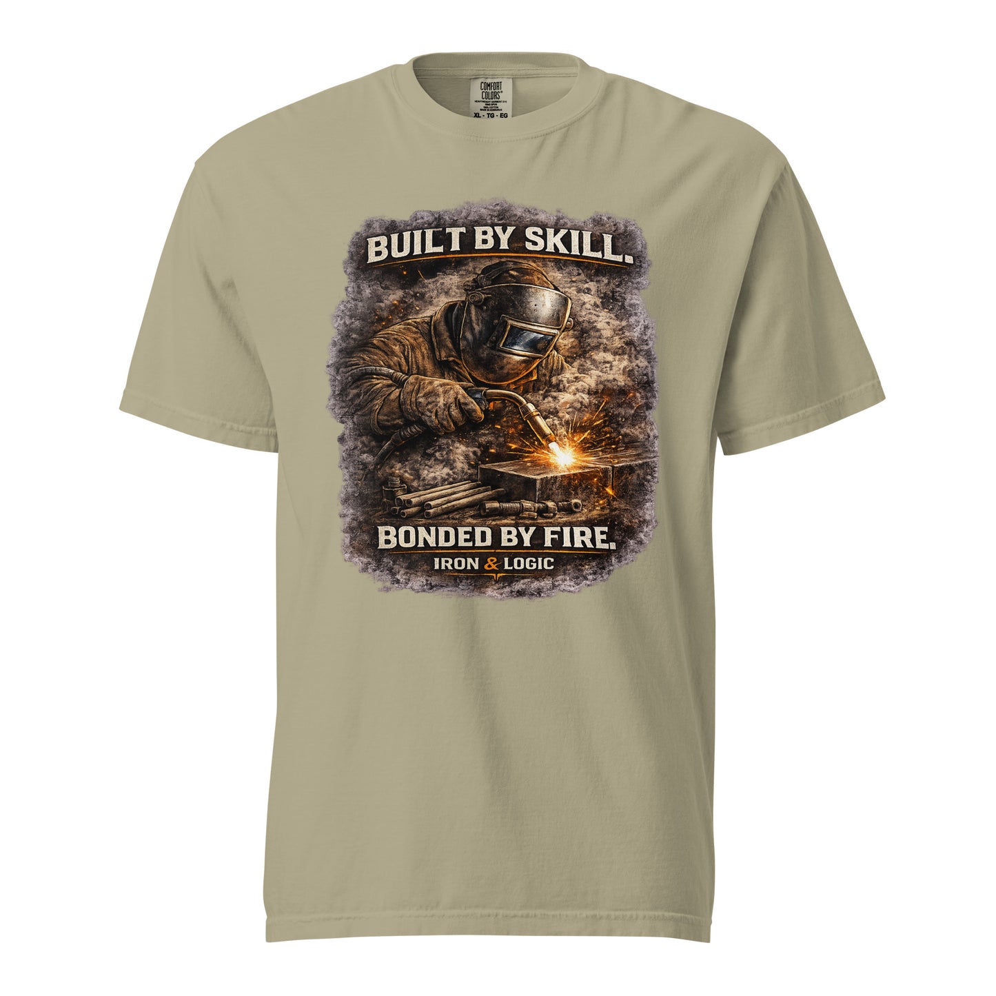 Iron & Logic Built By Skill Bonded By Fire heavyweight welder shirt featuring a skilled welder graphic designed for welders, fabricators, pipefitters, boilermakers, and metalworkers.
