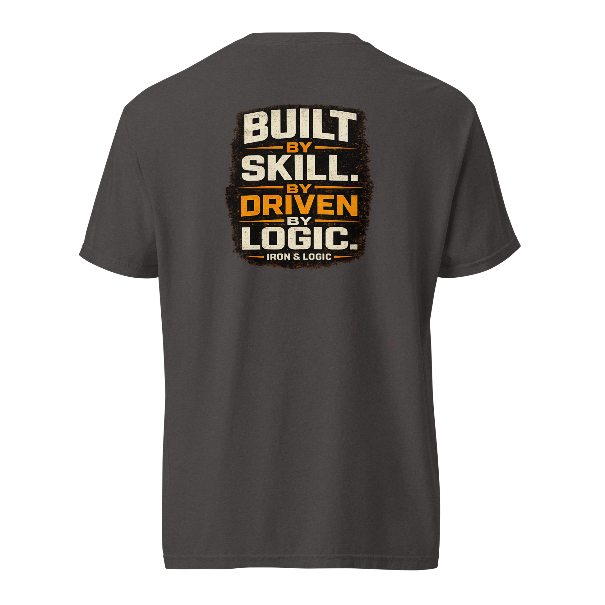 Iron & Logic Built By Skill Driven By Logic premium heavyweight t-shirt featuring oversized front graphic for HVAC technicians, electricians, controls technicians, BAS professionals, mechanics, and skilled trades workers.
