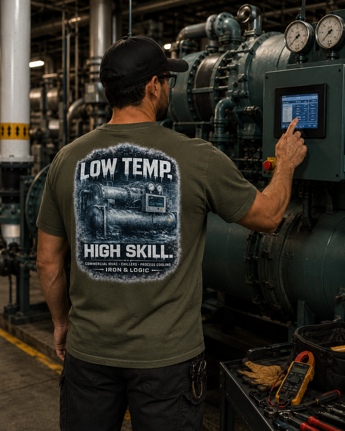 Commercial HVAC chiller technician wearing Iron & Logic Low Temp High Skill apparel while servicing chilled water equipment in a mechanical room.