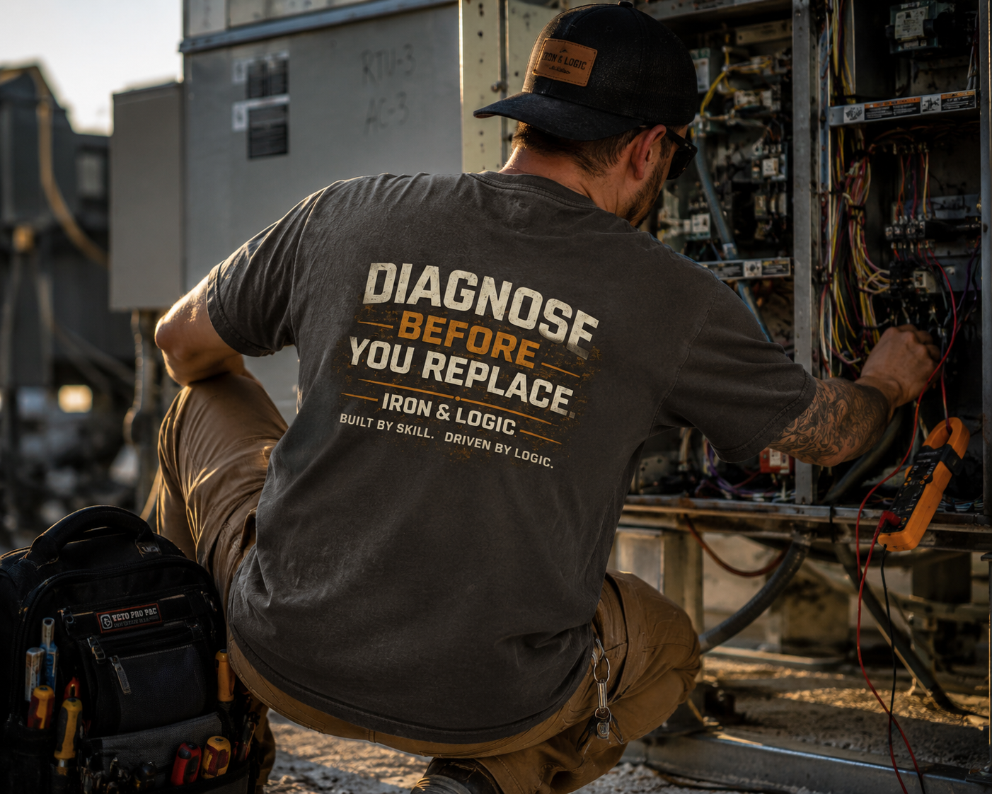 Person wearing a t-shirt with a motivational quote, sitting next to a truck with equipment.
