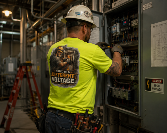 A construction worker in a white hard hat and a bright yellow t-shirt with a graphic on the back, working inside an electrical panel in an industrial setting.