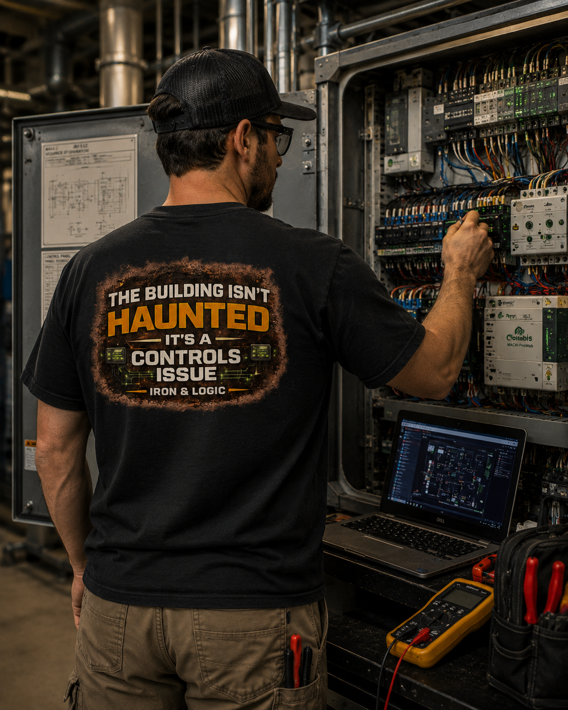 Building automation technician wearing Iron & Logic controls issue shirt while troubleshooting HVAC controls and BAS equipment in a commercial mechanical room.