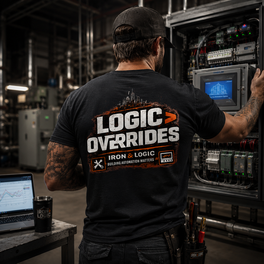 Building automation technician wearing the Iron & Logic Logic > Overrides shirt while troubleshooting a BAS controls panel in a commercial mechanical room, featuring HVAC controls, trend analysis, and building automation systems.