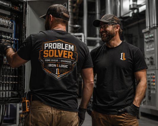 Two men in a workshop setting, one wearing a 'Problem Solver' shirt.