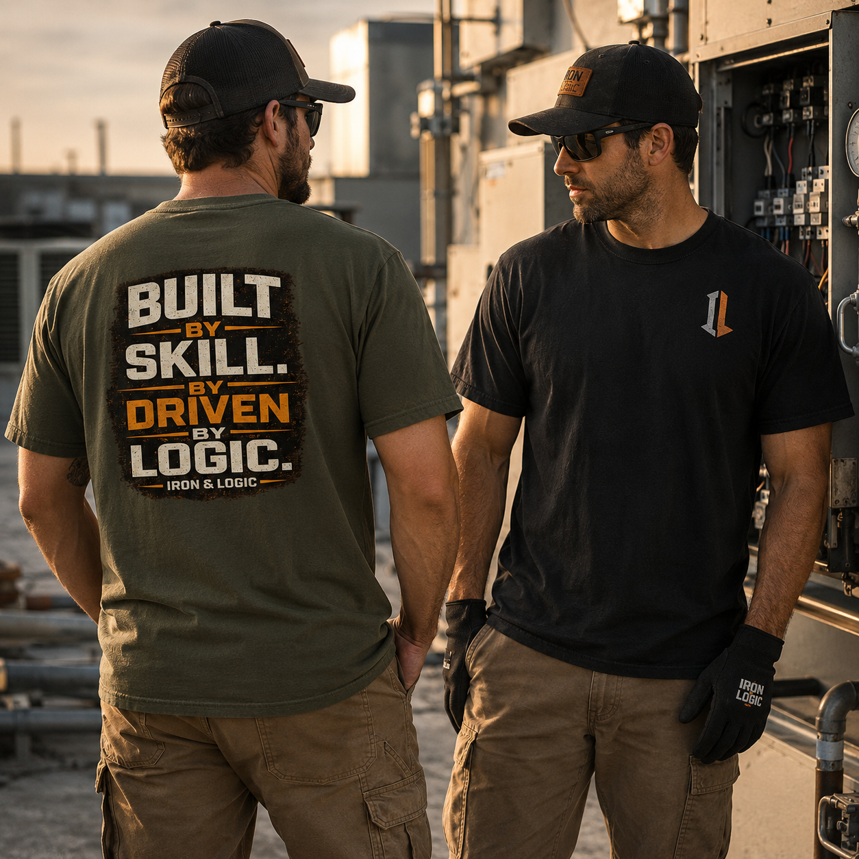Two men wearing t-shirts with visible branding in an industrial setting.