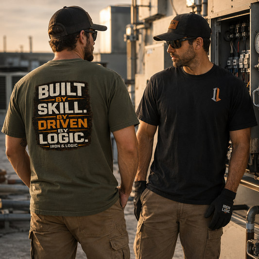 Two men wearing t-shirts with visible branding in an industrial setting.
