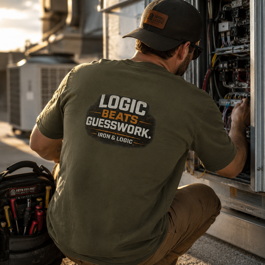 Skilled trades technician wearing Iron & Logic Logic Beats Guesswork apparel while troubleshooting commercial equipment on a jobsite.