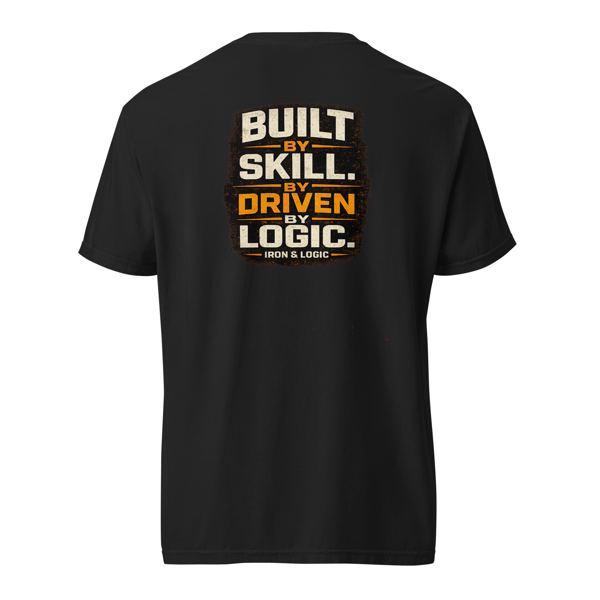 Iron & Logic Built By Skill Driven By Logic premium heavyweight t-shirt featuring oversized front graphic for HVAC technicians, electricians, controls technicians, BAS professionals, mechanics, and skilled trades workers.