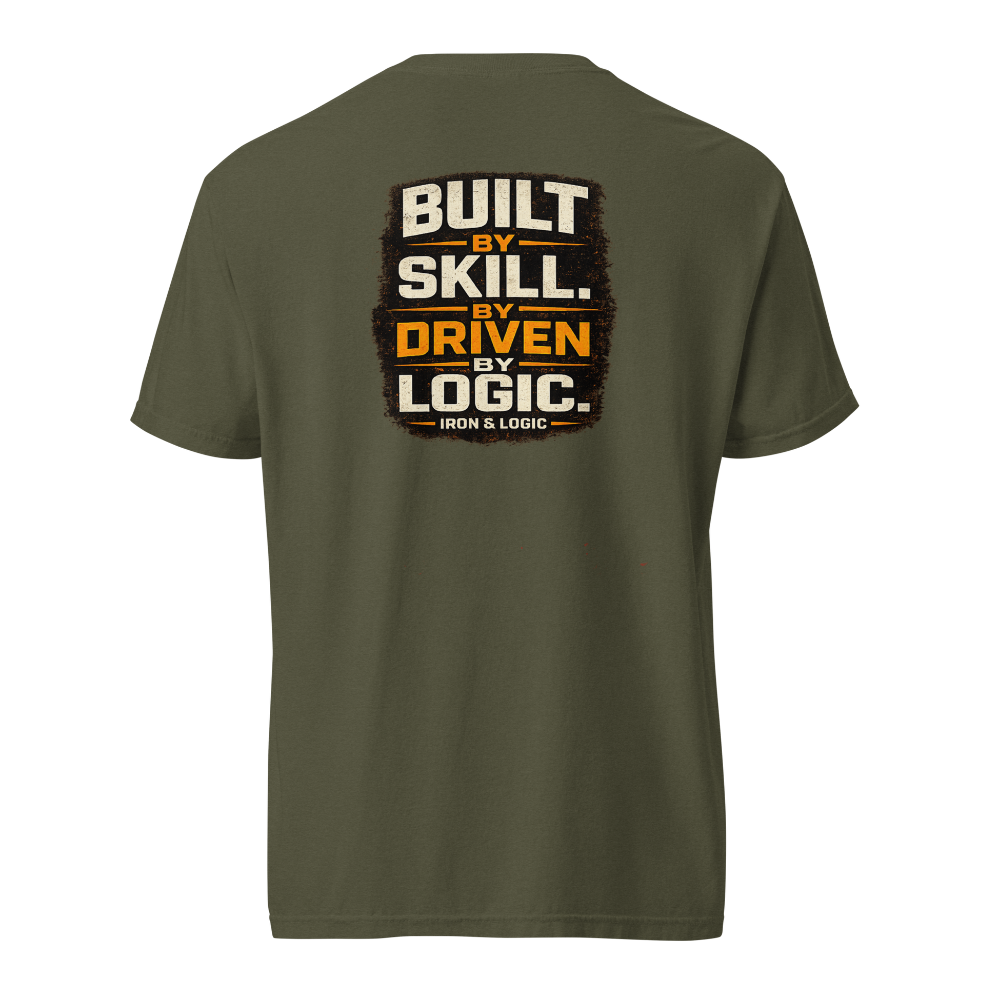 Iron & Logic Built By Skill Driven By Logic premium heavyweight t-shirt featuring oversized front graphic for HVAC technicians, electricians, controls technicians, BAS professionals, mechanics, and skilled trades workers.