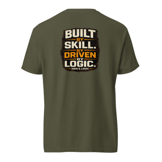 Iron & Logic Built By Skill Driven By Logic premium heavyweight t-shirt featuring oversized front graphic for HVAC technicians, electricians, controls technicians, BAS professionals, mechanics, and skilled trades workers.
