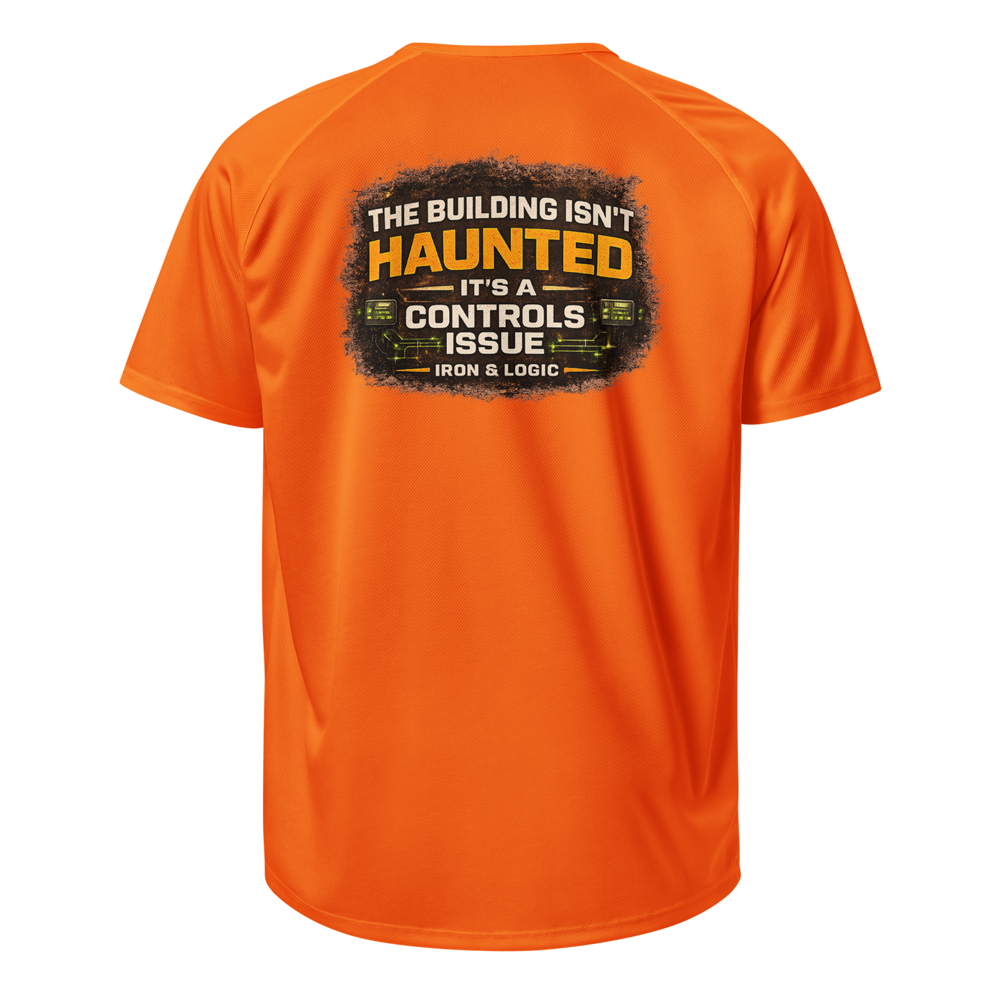 Iron & Logic high-vis neon orange performance work shirt for BAS and controls technicians — back view"
