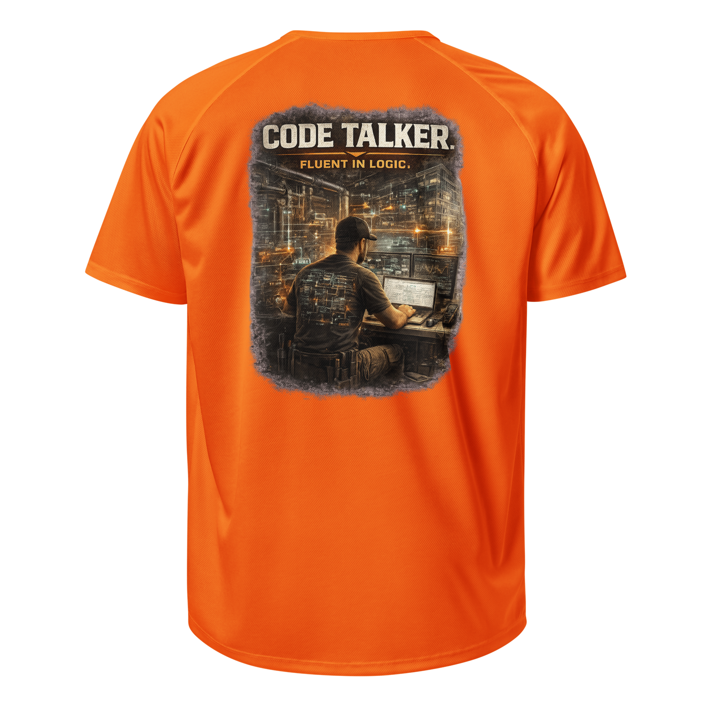 Iron & Logic Code Talker neon orange high-vis performance work shirt for BAS programmers and controls technicians — back view"

