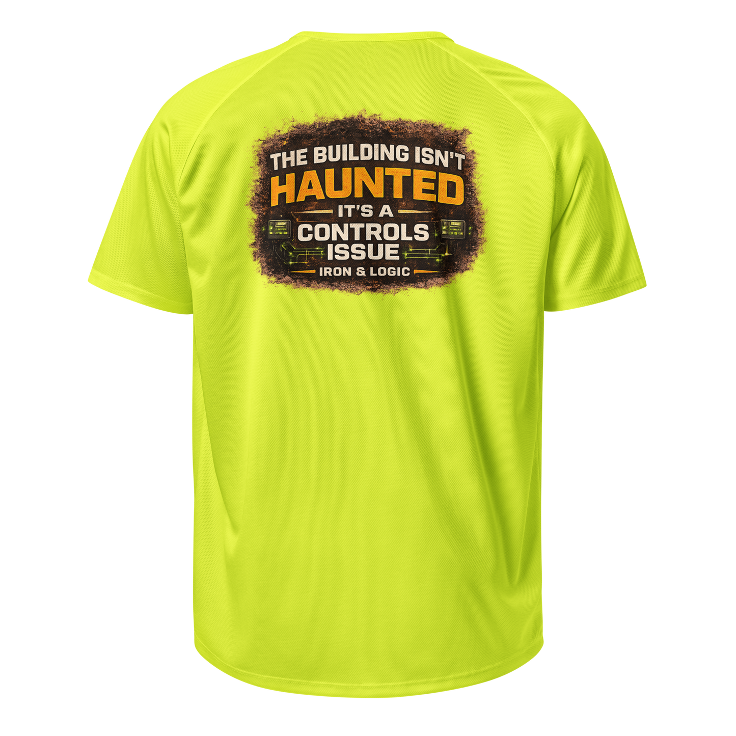 "Iron & Logic high-vis neon yellow performance work shirt for BAS and controls technicians — back view"
