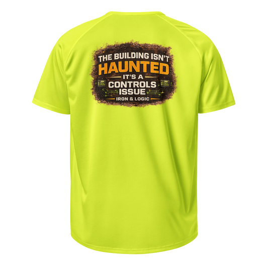 "Iron & Logic high-vis neon yellow performance work shirt for BAS and controls technicians — back view"
