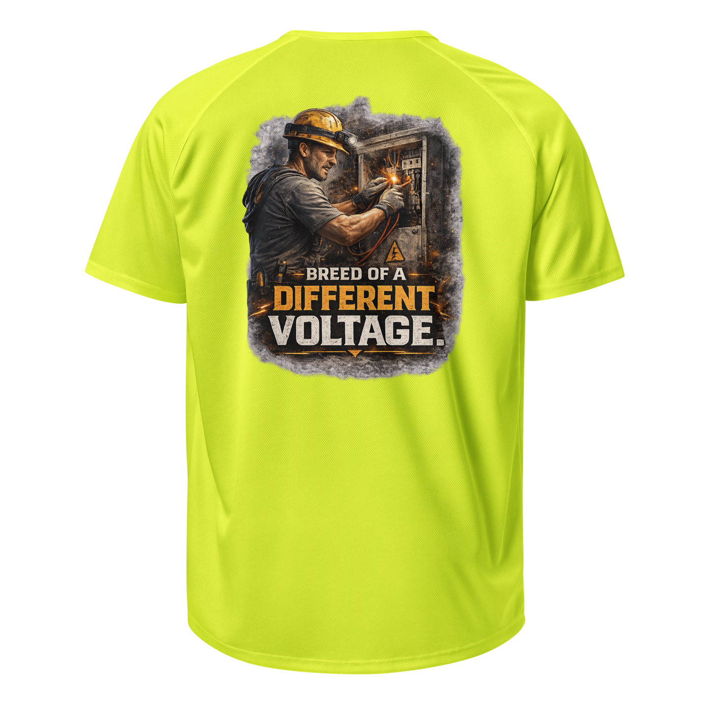 Neon Yellow: "Iron & Logic Breed of a Different Voltage neon yellow high-vis performance work shirt for electricians, BAS technicians, and controls professionals — back view"
