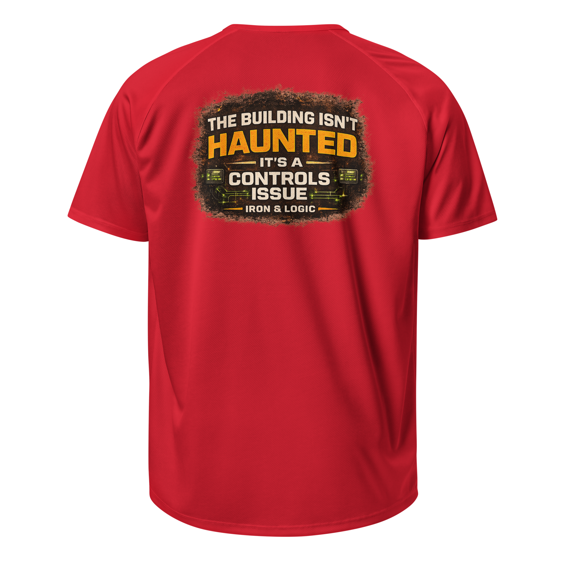 Iron & Logic red performance work shirt for building automation and controls technicians — back view"
