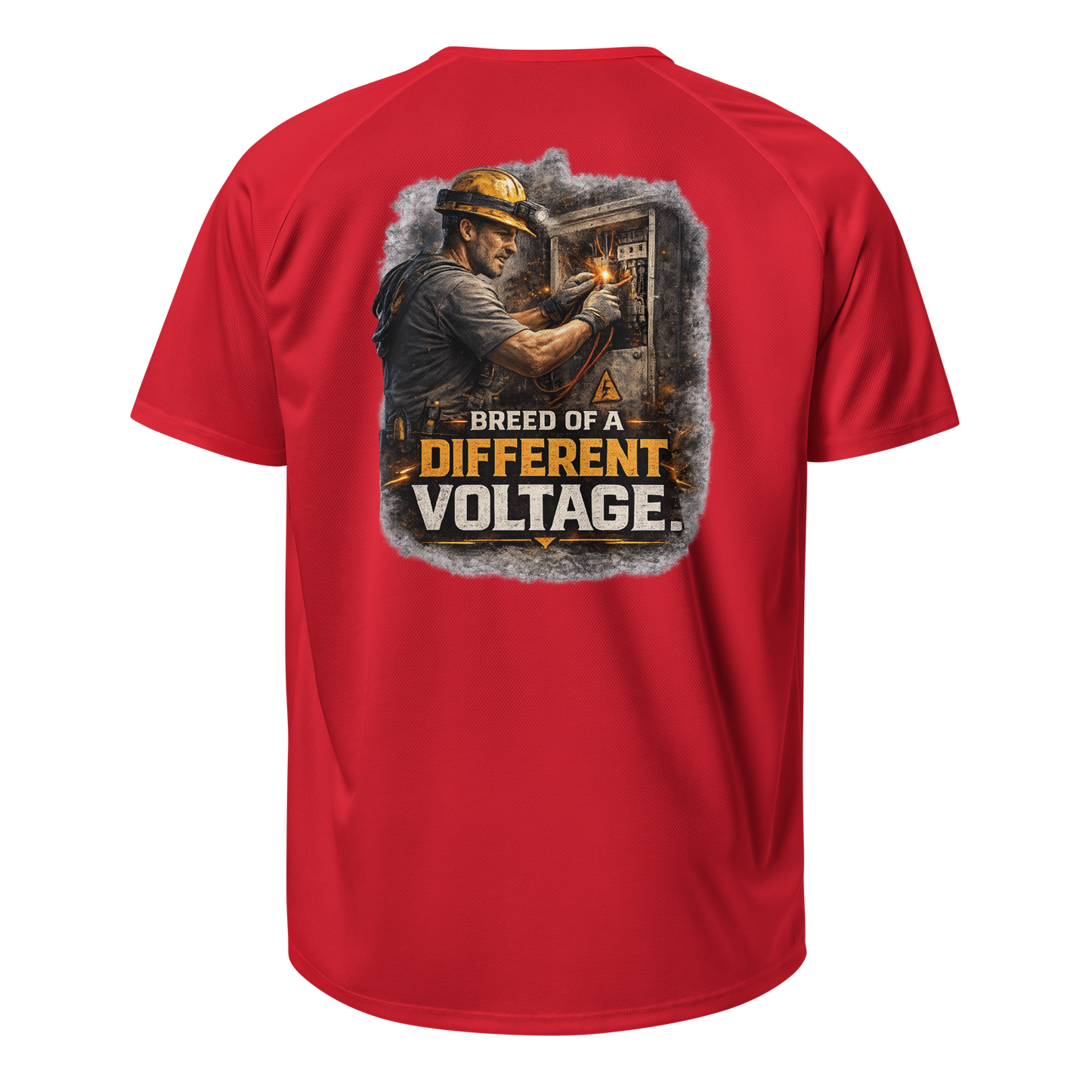 Red: "Iron & Logic Breed of a Different Voltage red high-vis performance work shirt for electricians, BAS technicians, and controls professionals — back view"
